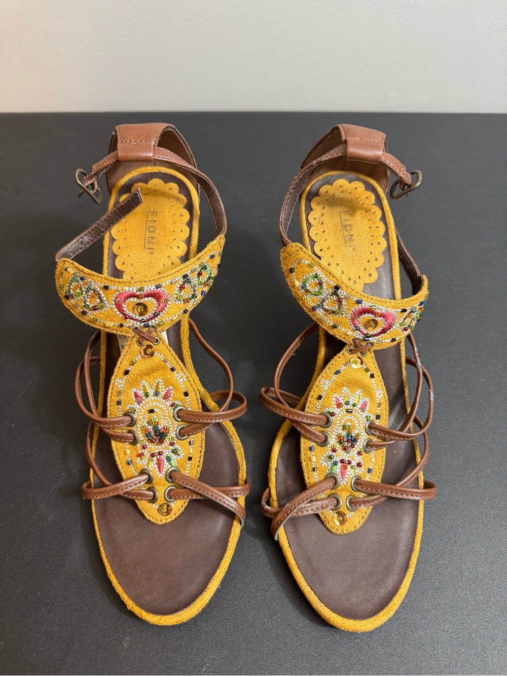 FIONI Clothing Yellow Embroidered Bead-Accented Women’s Sandals